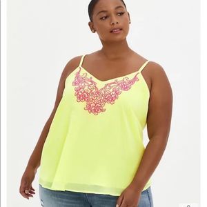 Torrid Neon Yellow Pink Appliqué V Neck Spaghetti Strap Tank